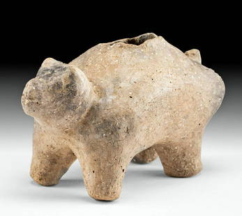 Native American Mississippian Pottery Bear Vessel w/ TL: Native American, Southern United States, New Madrid County Missouri, Campbell Site, Mississippian, “Bells Plain” type, ca. 1220 to 1520 CE. A charming and rare pottery effigy vessel in the form