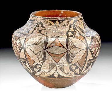 Early 20th C. Acoma Polychrome Jar w/ Painted Motif: Native American, Southwest United States, Acoma, ca. early 20th century CE. A gorgeous pottery vessel presenting an attractive polychrome decorative program of characteristically stylized geometric an