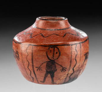 Maricopa Pottery Jar w/ Painted Motif: North America, Native American, Arizona, Phoenix, Maricopa Reservation, ca. early 20th century CE. An attractive handmade pottery jar displaying a concave, circular base, a bulbous body, a