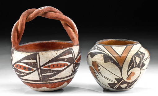 Lot of 2 Vintage Acoma Pottery Vessels: Native American, Southwest, New Mexico, Acoma, ca. early to mid 20th century CE. An attractive pair of pueblo pottery vessels, both made from hand-mixed clay in the traditional manner - hand built