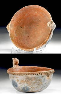 Mississippian Pottery Bowl Zoomorph TLd: Native American, Southeast or Midwest, Mississippian, ca. 900 to 1543 CE. A lovely hand-built pottery bowl in the form of a zoomorph laying on his back with his head facing inwards over the deep