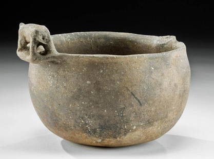 Mississippian Pottery Bowl w/ Bear TL Tested: Native American, Southern United States, New Madrid County Missouri, Campbell Site, Mississippian, "Bells Plain" type, ca. 1220 to 1500 CE. A stunning hand-built pottery bowl exhibiting a rounded