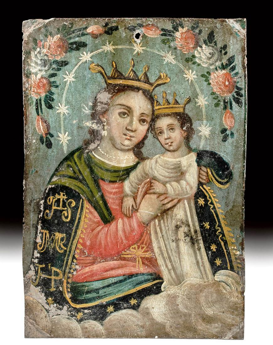 Antique Mexican Retablo - Our Lady, Refuge of Sinners: Latin America, Mexico, ca. 19th century CE. A poignant hand-painted tin retablo that tenderly represents the Virgin Mary and Christ Child arranged in a composition traditionally referred to as N.S. Re