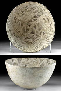 Prehistoric Anasazi Black-on-White Bowl Geometrics: Southwestern USA, Colorado, Anasazi / Ancestral Puebloans, ca. 1200 to 1300 CE. A beautiful and very large black-on-white pottery bowl with geometric motifs on the interior of the basin. The bowl