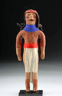 Early 20th C. Mojave Clay Doll w/ Glass Bead Necklace: Native American, Fort Mojave/Mohave Indian Reservation, Mojave/Mohave people, ca. early 20th century CE. A handsome male doll, hand-modeled from unfired clay and dressed in a loin cloth made from