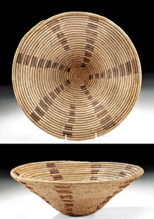 Rare 20th C. Native American Papago Woven Basket: Native American, Papago culture, Sonoran Desert, Arizona / New Mexico, ca. early to mid 20th century. A very large and early Papago basket of a traditional conical form, woven from native plants. The