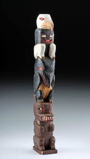 1940s Haida / Tlingit Red Cedar Totem Pole: Native American, Pacific Northwest Coast, probably Haida or Tlingit, ca. 1940s CE. A hand-carved red cedar totem pole depicting a trio of abstract zoomorphic creatures painted in vibrant colors atop