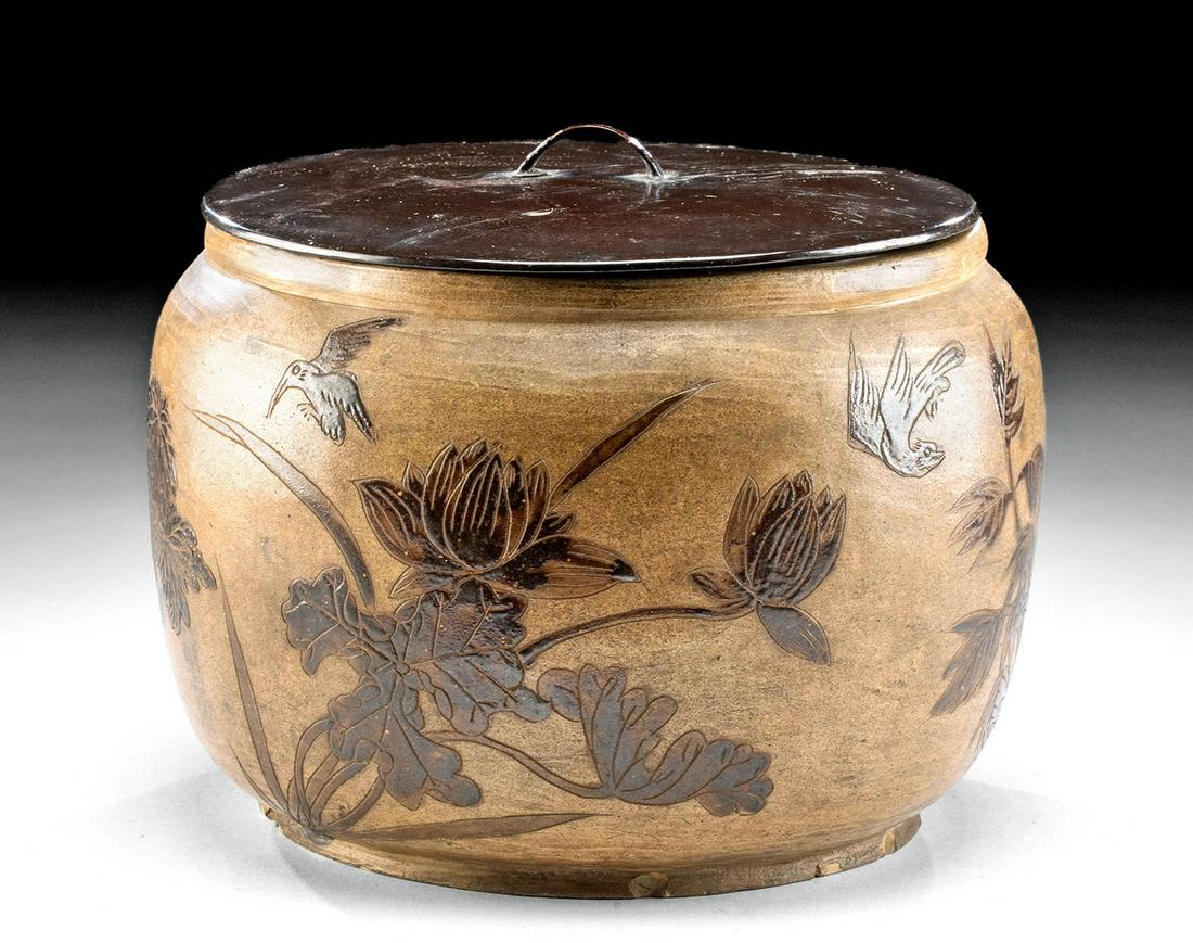 19th C. Japanese Edo Stoneware Jar w/ Wood Lid (1 of 7)