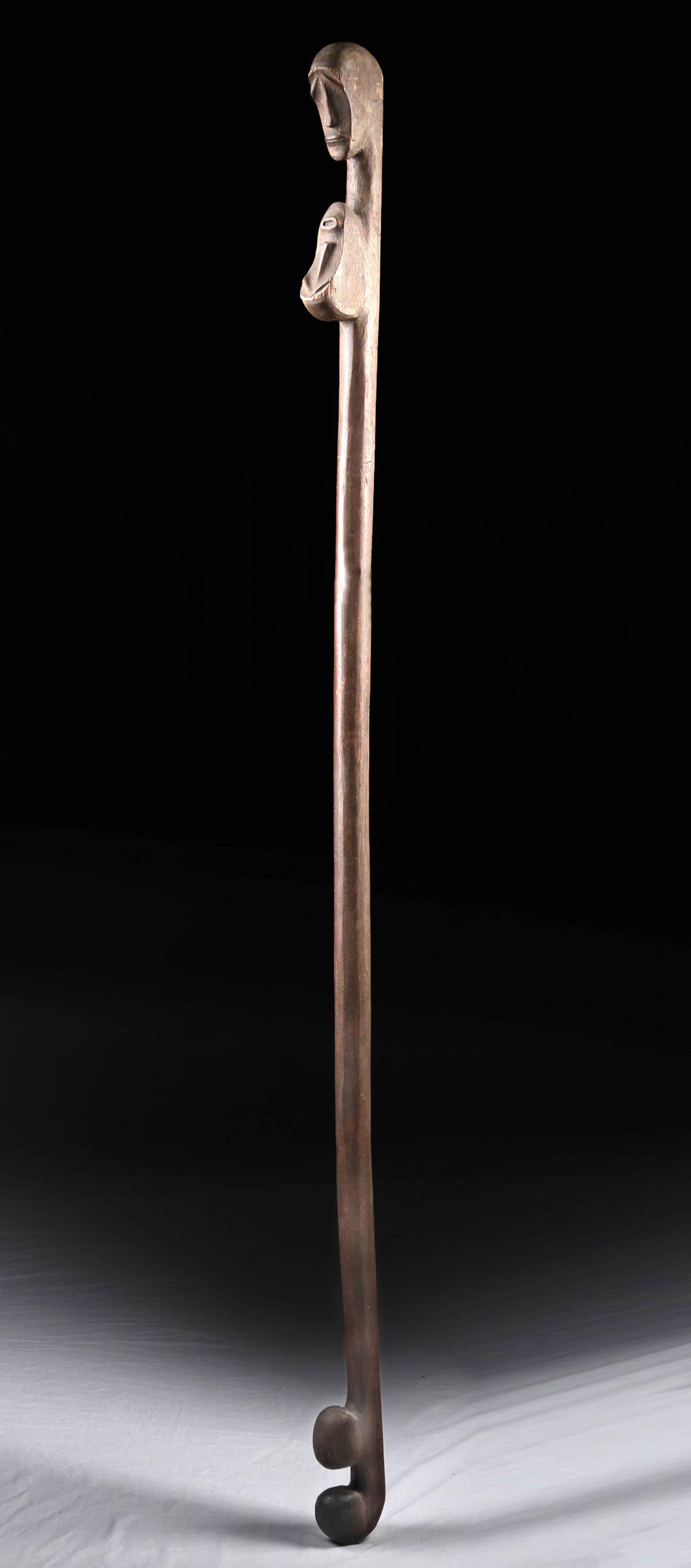 20th C. Large West African Wood Staff w/ Two Faces (1 of 4)