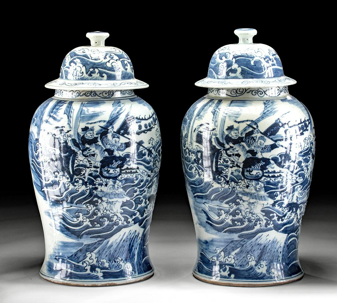 18th C. Chinese Qing Porcelain Urns w/ Sea Battle (pr) (1 of 5)