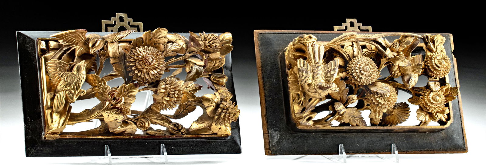 20th C. Chinese Gilt Wood Panels Nature Scenes (pr) (1 of 3)