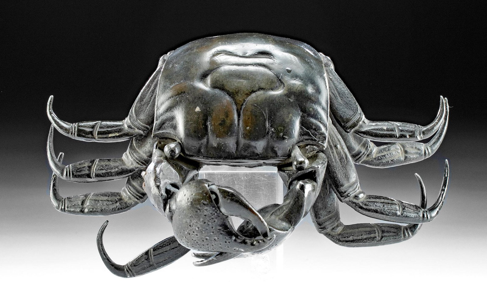 Japanese Edo / Meiji Leaded Copper Articulated Crab: East Asia, Japan, Edo to Meiji period, ca. mid 19th to early 20th century CE. A leaded copper articulated model of a crab. Meticulously constructed of numerous hammered plates jointed inside the body 