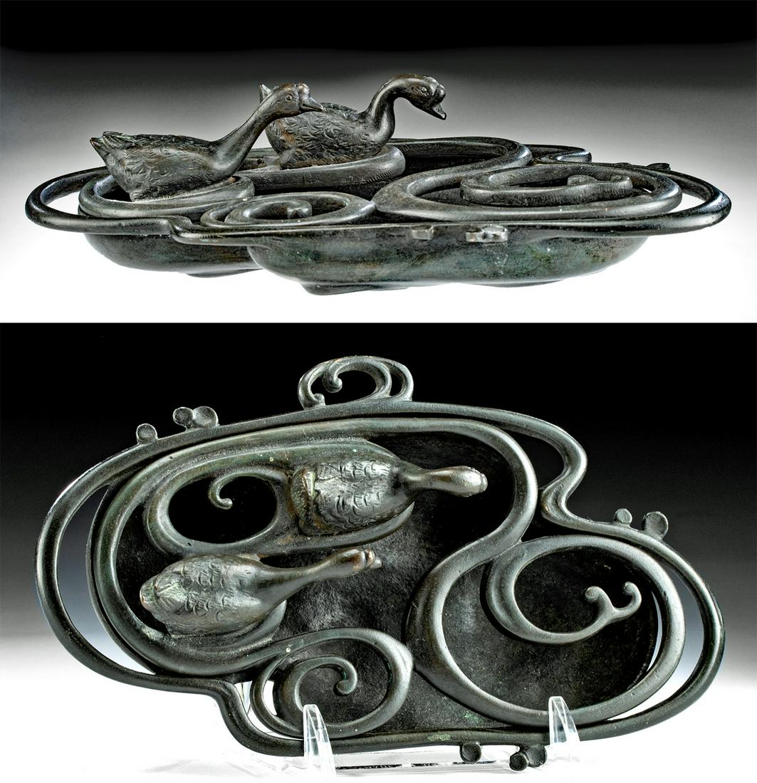 Japanese Meiji Bronze Bowl w/ Geese on Pond (1 of 5)