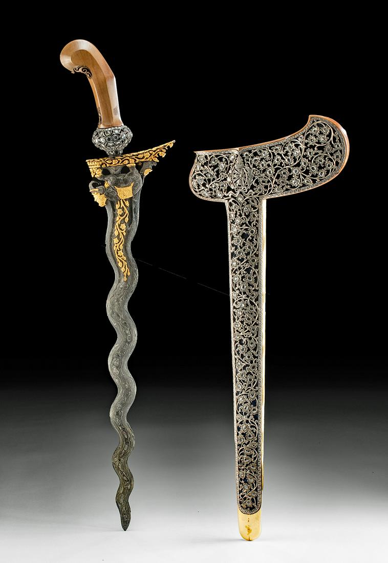 20th C. Indonesian Gilt Steel Kris w/ Silver Sheath (1 of 4)