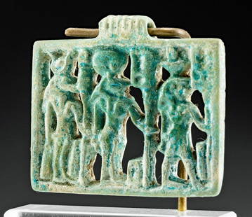 Egyptian Glazed Faience Openwork Amulet w/ 3 Deities: Egypt, Late Dynastic Period, 26th to 31st Dynasty, ca. 664 to 332 BCE. A beautiful, mold-formed faience amulet featuring a trio of highly symbolic deities facing towards the right. The openwork