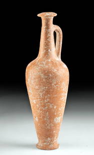 Cypriot Redware Pottery Spindle Bottle: Ancient Greece, Cyprus, Late Cypriot Bronze Age, ca. 1550 to 1050 BCE. A beautiful wheel-thrown redware pottery spindle bottle with a circular base, an expanding piriform body with a rounded shoulder