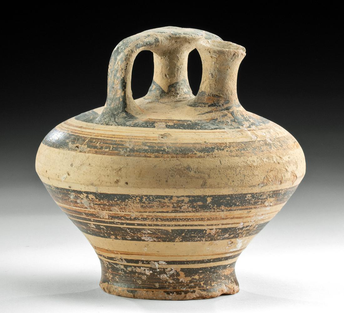 Mycenaean Pottery Spouted Stirrup Jar w/ Banded Motif (1 of 4)
