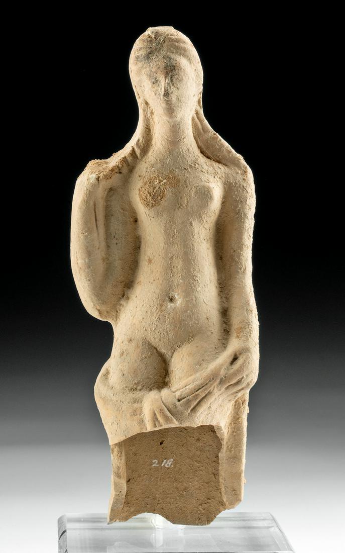 Greek Hellenistic Terracotta Aphrodite Figure: Greece, Hellenistic period, ca. 2nd to 1st century BCE. A stunning mold-formed terracotta figure of Aphrodite (Roman Venus), the goddess of love, passion, and femininity, shown nude and holding a veil