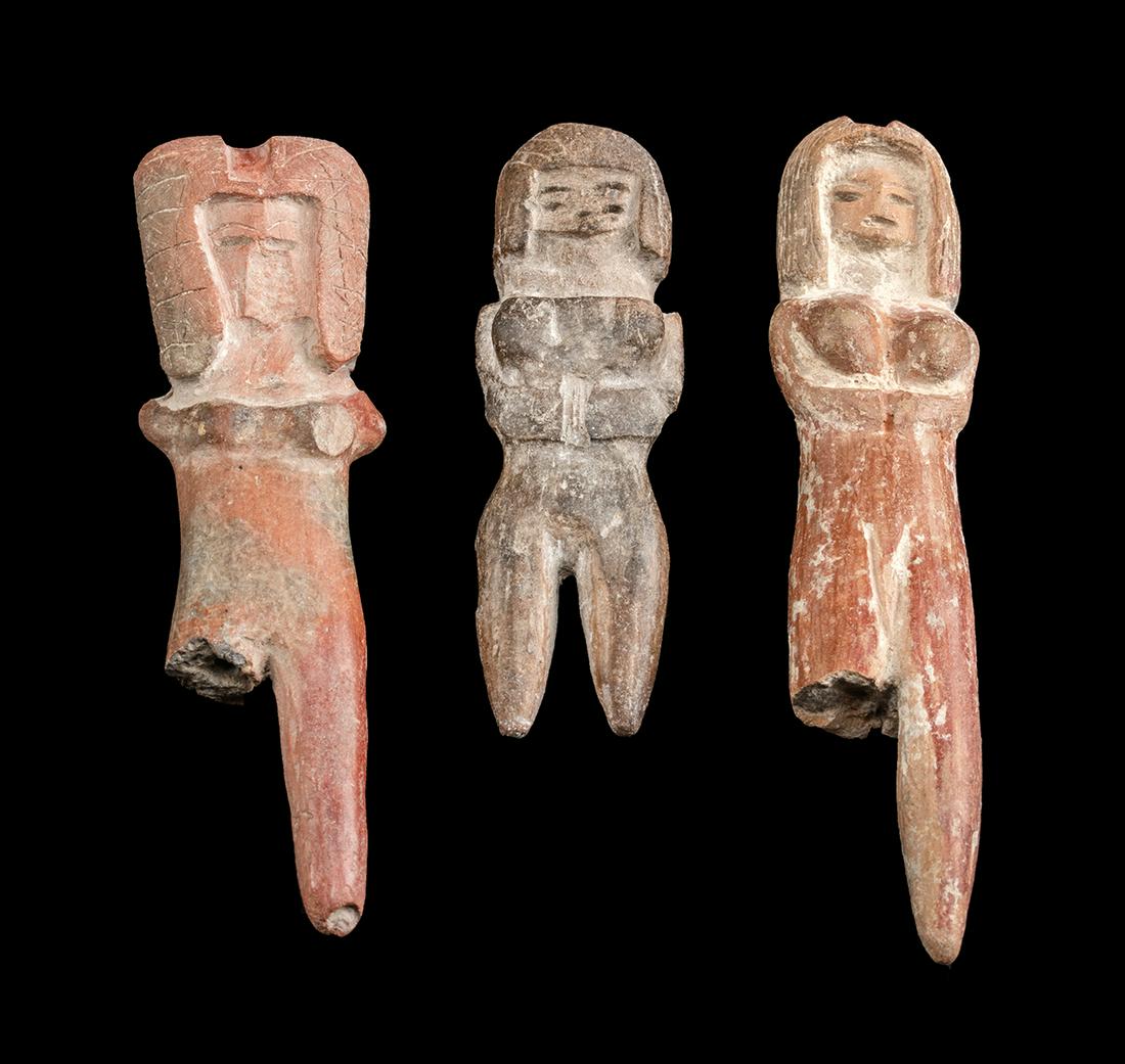 Three Valdivian Pottery Venus Figures w/ TL: Pre-Columbian, Ecuador, Valdivian culture, ca. 3500 to 1500 BCE. A set of 3 hand-built pottery Venus figures depicting characteristic feminine forms with highly burnished surfaces and hues of brown an