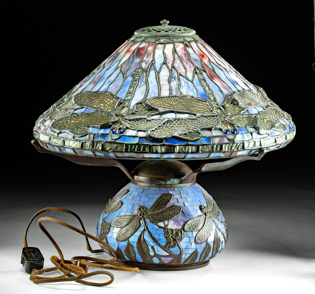 Vintage American Stained Glass Lamp w/ Dragonflies (1 of 3)