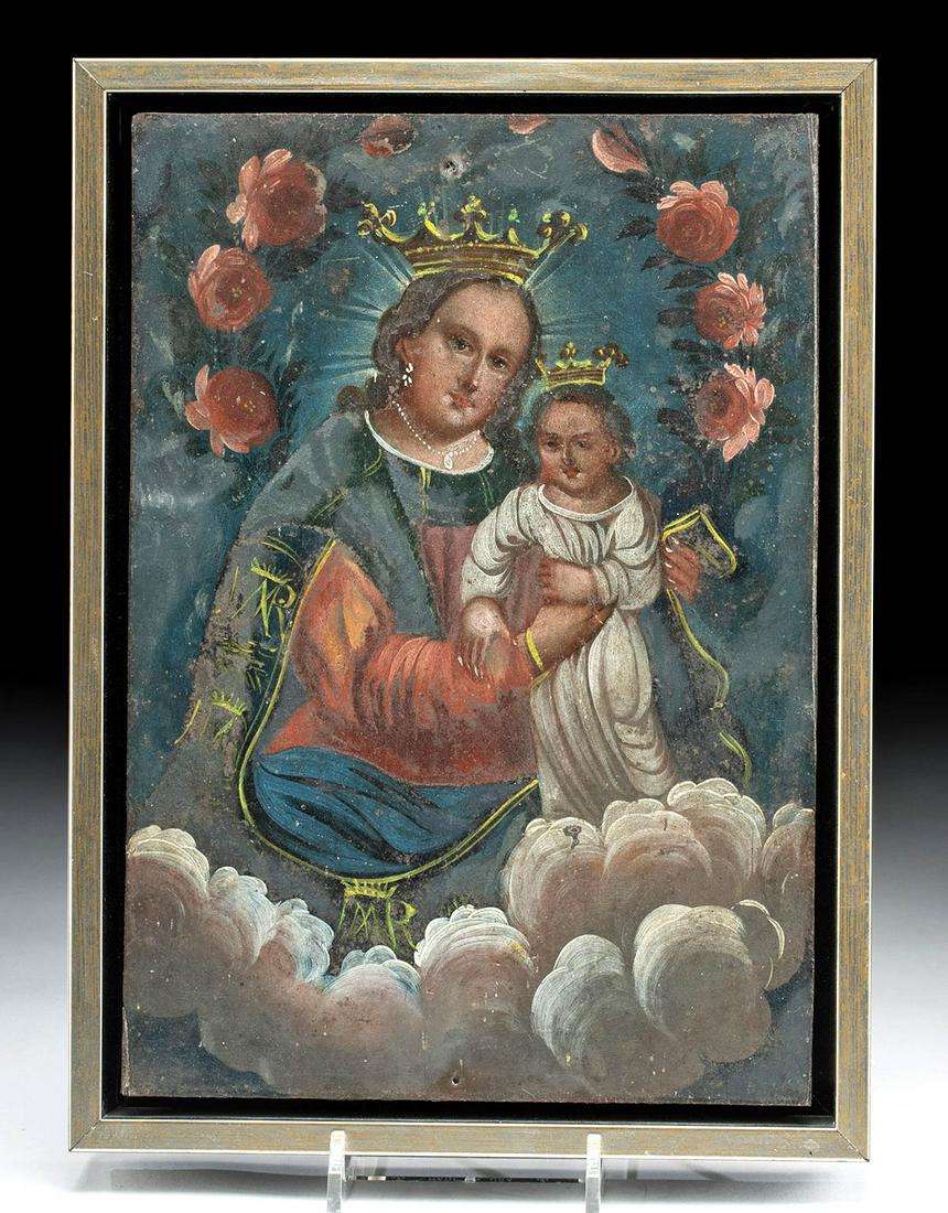 Framed Antique Mexican Retablo - Virgin & Child: **Originally Listed At $500** Latin America, Mexico, ca. mid to late 19th century CE. A tender rendition of N.S. Refugio de Pecadores - Our Lady, Refuge of Sinners - painted in vibrant hues on heavy g