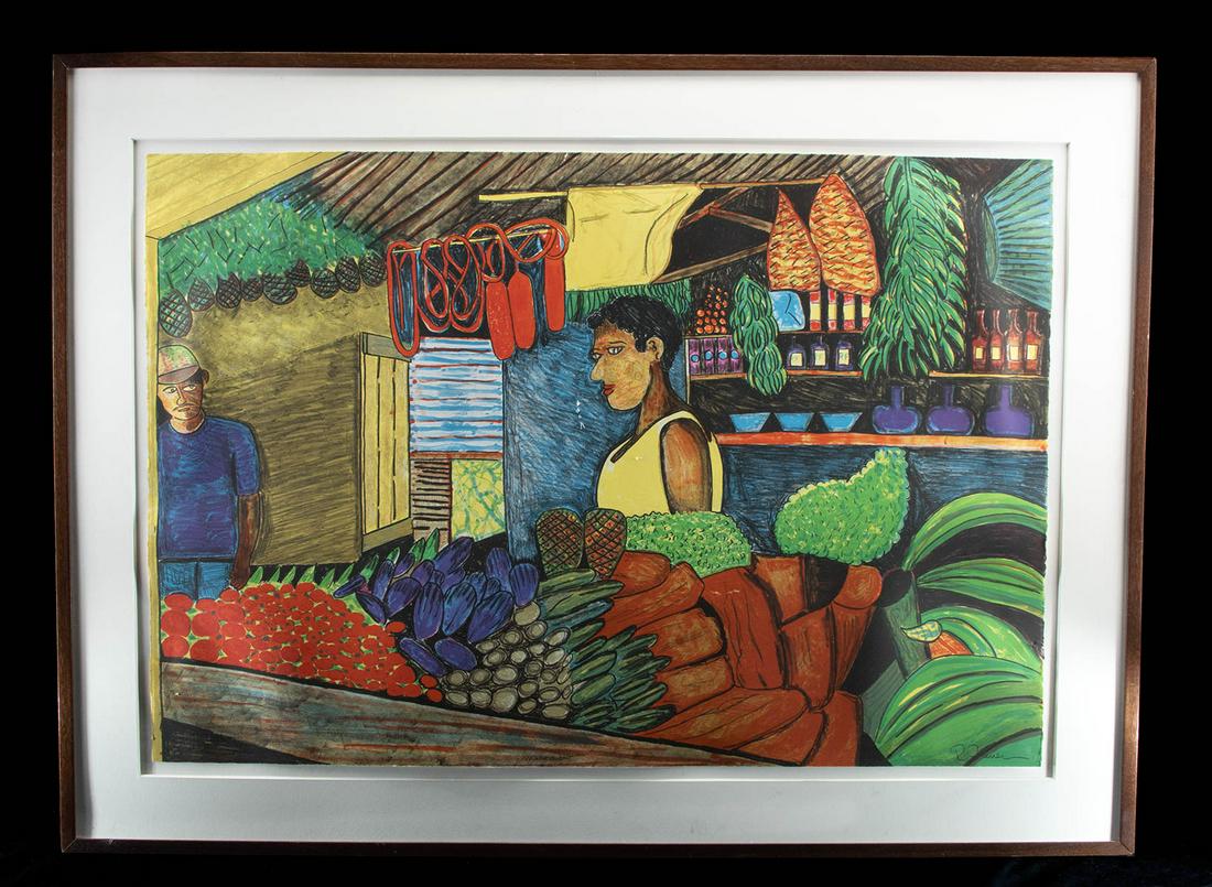 Huge 1990s Rafael Ferrer Monotype - Mercado: **Originally Listed At $3000** Rafael Ferrer (Puerto Rican, b. 1933) "Mercado" - color monotype, ca. 1991 to 1992. Signed "R. Ferrer" on the lower right. Title "Mercado" handwritten on lower center. A