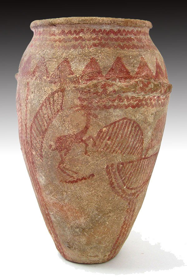 Egyptian Painted Vessel - Naqada II : From ancient Egypt, Late Predynastic Period, Naqada II, ca. 3500 B.C. Tall terracotta storage jar with a painted depiction of trees, palms, a deer and a bird. A geometric border surrounds top of jar. 