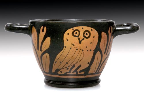 Greek Lucanian Red Figure Owl Skyphos: From Greece, late 5th century B.C. 2-7/8"H. PROVENANCE: Ex-private German Collection, acquired from Kurt Deppert, Frankfurt in 1980.