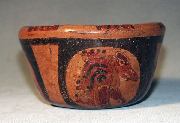 Mayan, El Salvador Polychrome Bowl: Ca. 550 AD - 950 AD A brightly polished and well painted Mayan bowl with painted vultures with a black background. The black background is a representation of the underworld. These bowls typically hav