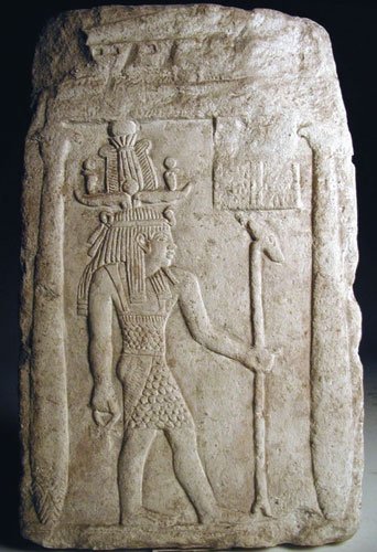 Important Egyptian Limestone Stele Meroitic Period: From Egypt's Meroitic period, ca. 270 BC-350 AD. The deity figure with a Atef crown, holding the Ankh symbol in his right hand, the Was scepter in his left. Above the scepter two columns of hieroglyph