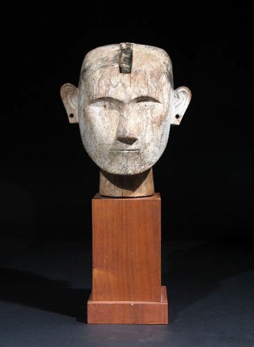 Head from an Ancestor Figure – Sulawesi, Indonesia: From Toraja, Sulawesi, Indonesia, ca. Late 19th / Early 20th Century. Made from wood, fiber, and decorated with white pigment. 9"H. Custom mount.
