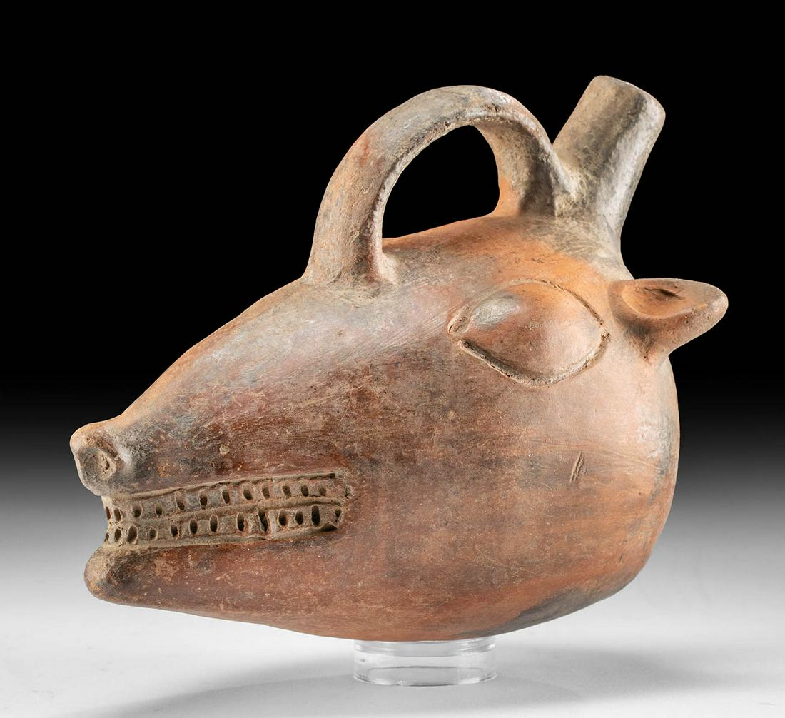 Endearing Colima Redware Vessel: Pre-Columbian, West Mexico, Colima, Protoclassic Period, ca. 100 BCE to 250 CE. A pleasing vessel in the form of a gleeful deer. The stone-burnished surface is mix of orange, red, and brown hues decor