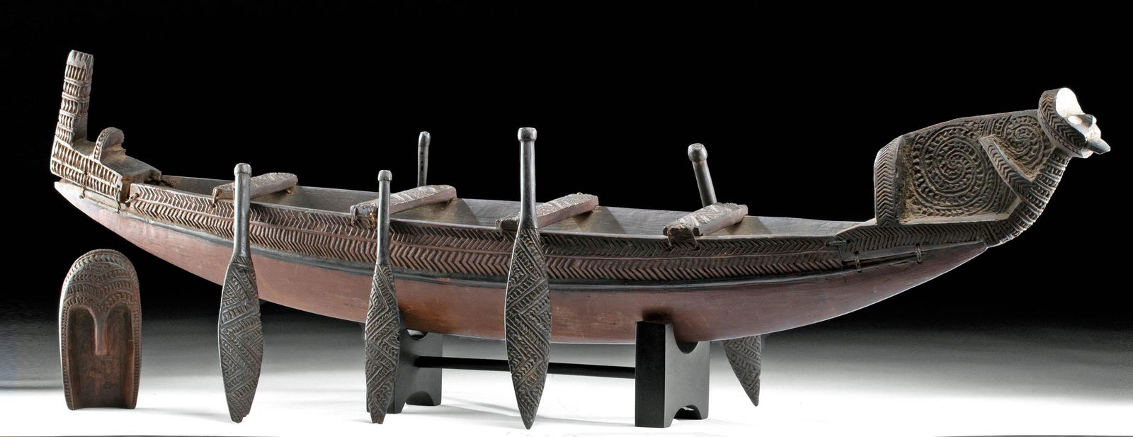 19th C. Maori Wood Model Canoe w/ Paddles (1 of 4)