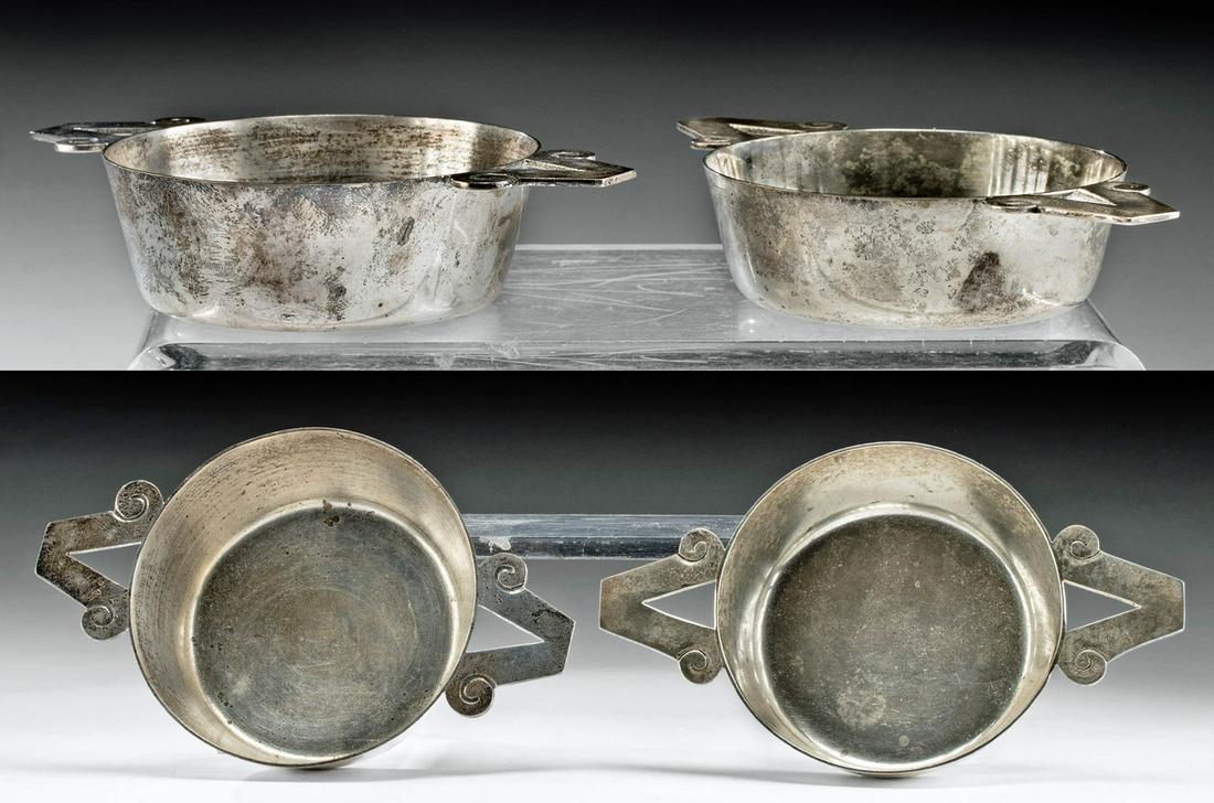 Pair of Vintage Mexican Spratling Silver Wine Cups: William Spratling (American, 1900-1967), Taxco, Mexico, ca. post 1979 CE. A beautiful pair of high-quality silver wine cups of minimalistic form, each presenting a flat, circular base, and straight wa