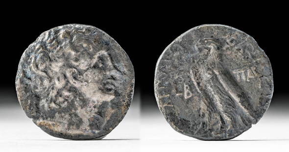 Egyptian Silver Ptolemy IX Soter Tetradrachm: Egypt, Cleopatra III & Ptolemy IX Soter II (Lathyros), ca. 116 to 107 BCE. A silver tetradrachm. Obverse: Diademed head of Ptolemy I to right, wearing aegis around neck. Reverse: eagle with closed