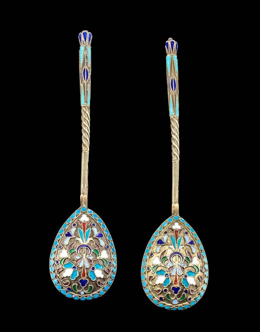 Early 20th C. Russian Gilt Silver & Enamel Spoons (pr) (1 of 3)