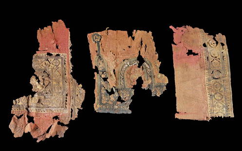 3 Egyptian Coptic Textile Panel Fragments: Egypt, Coptic, ca. 4th to 7th century CE. A trio of fragments of woven textiles made of cotton threads. The panels are all woven with intricate patterns in dark red, brown, blue, green, and white
