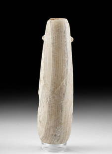 Lovely Cypriot Banded Alabaster Alabastron: Ancient Greece, Cyprus, Cypro-Archaic II to Cypro-Classical I, ca. 6th to 5th century BCE. A beautiful vessel known as an alabastron, of an elongated teardrop form, hand-carved from imported Egyptian