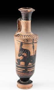 Greek Attic Black Figure Lekythos w/ Zoomorph: Ancient Greece, Athens, ca. early 5th century BCE. A beautiful wheel-thrown pottery lekythos - a vessel used to hold perfumes or other scented oils - finely painted via the black-figure technique.