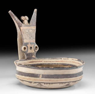 Fine Daunian Polychrome Kyathos w/ Owl: Magna Graecia, Italy, Apulia / Daunian, ca. 4th century BCE. A fabulous polychrome kyathos or wine ladle displaying a slightly concave, circular base and slender walls that rise to a briefly corseted