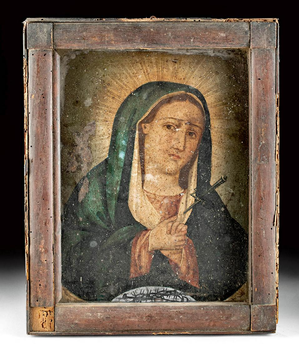 Framed Antique Mexican Retablo - Mater Dolorosa: Latin America, Mexico, 19th century. Hand-painted on heavy gauge tin, a touching retablo of Our Lady of Sorrows (Mater Dolorosa in Latin) - set in a wooden frame. This image is one of the most importa