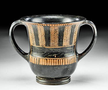 Greek Attic Sessile Pottery Kantharos, Saint-Valentin: Greece, Athens, ca. 450 BCE. A finely potted and skillfully painted pottery vessel known as a kantharos, boasting a bulbous base, straight walls, and a flared rim, all sitting upon a tiered foot and