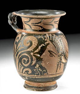 Greek Apulian Polychrome Olpe w/ Lady of Fashion: Magna Graecia, South Italy, Apulian, ca. 4th century BCE. A gorgeous Apulian olpe of an attractive form comprised of an ample body, a cylindrical neck that flares at the rim, and a Herakles knot handl