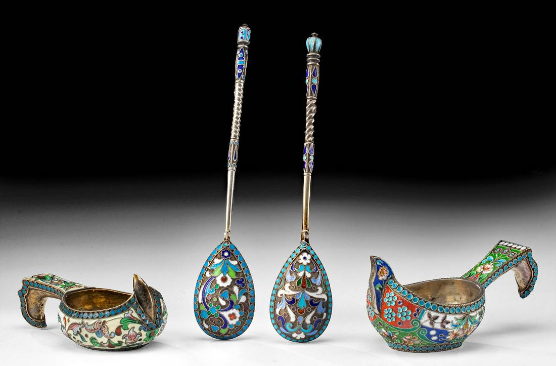 Two 19th C. Russian Enameled Silver Kovshes & 2 Spoons (1 of 5)