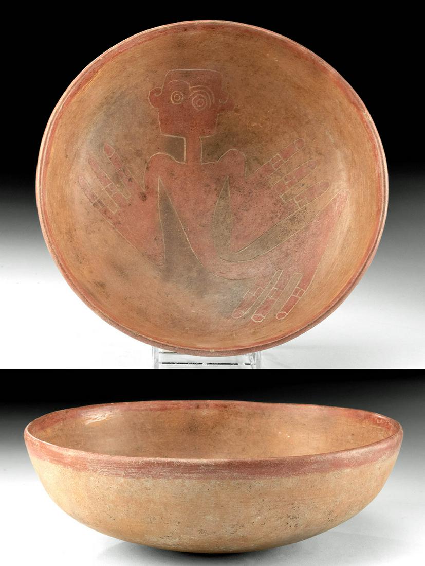 Rare Chorerra Bichrome Incised Bowl, ex-Museum: Pre-Columbian, Ecuador, Chorrera culture, ca. 1500 to 300 BCE. A beautiful hand-built earthenware bowl with a painted and incised anthropomorphic motif on the basin. The bowl rests on a rounded but st