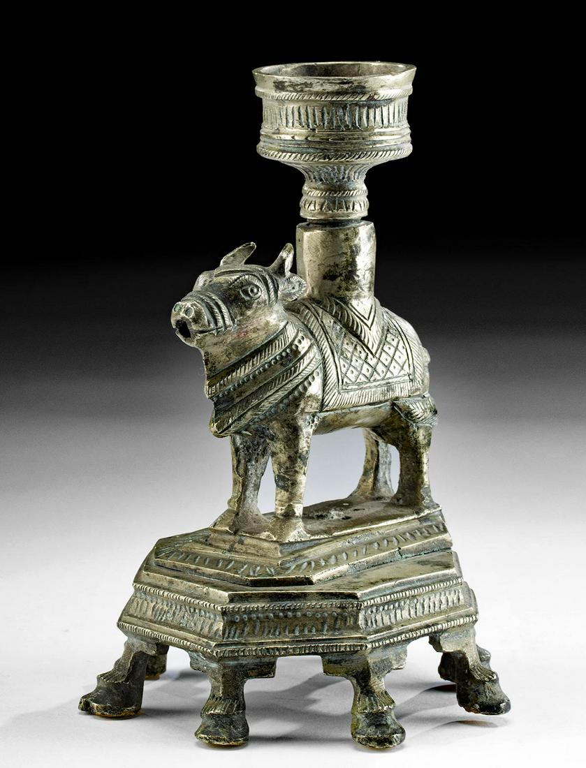 Late 19th C. Indian White Brass Candle Holder w/ Nandi (1 of 4)