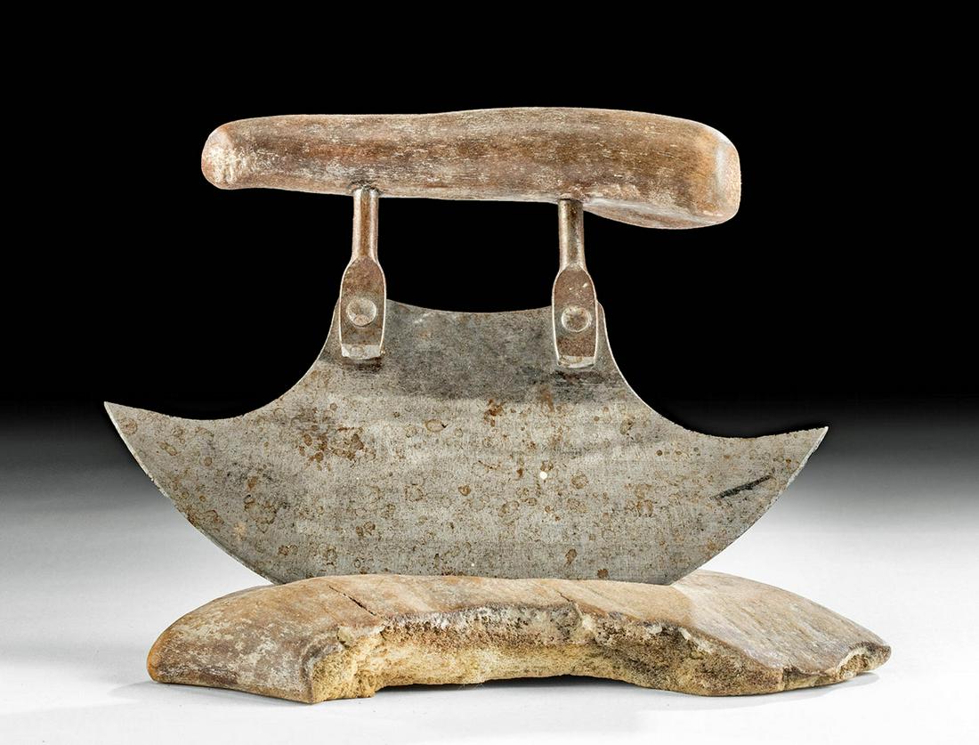 20th C. Inuit Steel Ulu Knife w/ Bone Sharpener: **Originally Listed At $400** North America, Northern United States / Canada, Inuit, Yupik or Aleut people, ca. mid 20th century CE. An impressive steel cutting tool known as an ulu with a whale bone