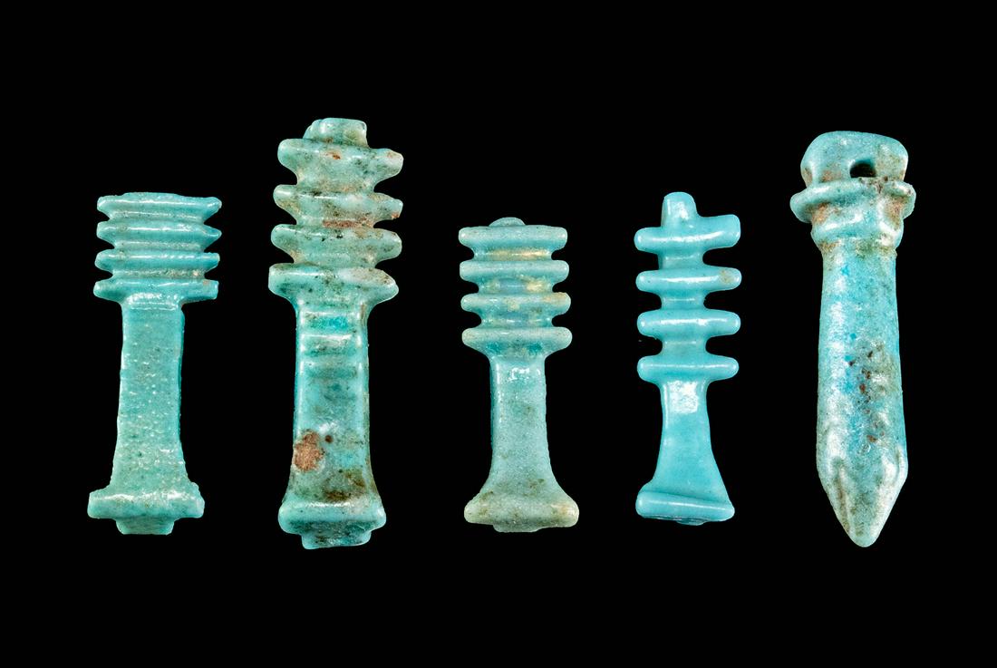 Egyptian Faience Djed Pillar and Wadj Papyrus Amulets (1 of 3)