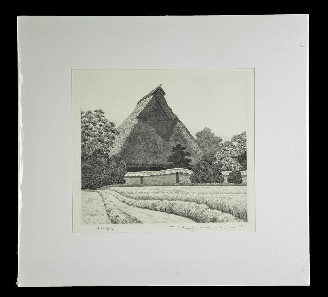 Signed T. Ryohei Etching, Japanese Rural House, 1980 (1 of 3)