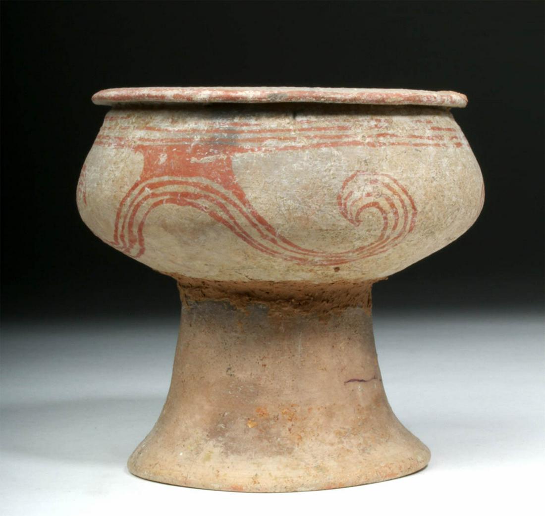 Ancient Thai Ban Chiang Pottery Stemmed Vessel: **Originally Listed At $250** Southeast Asia, Thailand, Ban Chiang, 1st millennium BCE. A beautiful bichrome pottery vessel of a relatively squat yet elegant form with a sinuous profile and splayed fo